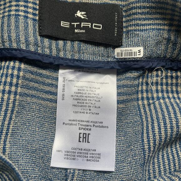 Etro Pants Womens 46 Blue Tan Plaid Trousers‎ Cropped Drawstring Pockets Italy - Picture 4 of 10